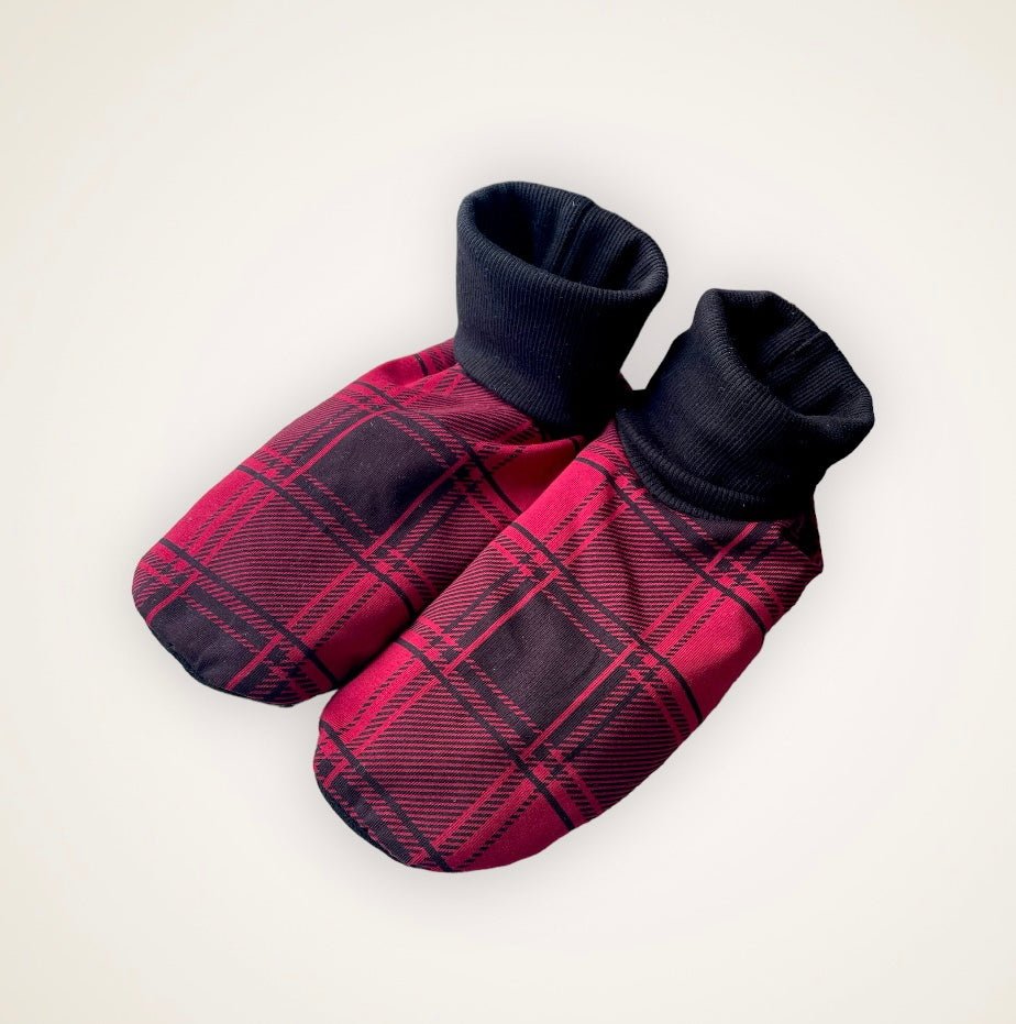 Burgundy Plaid Slip On Booties - Adult Sized with 10” Sole - Timber Stitches
