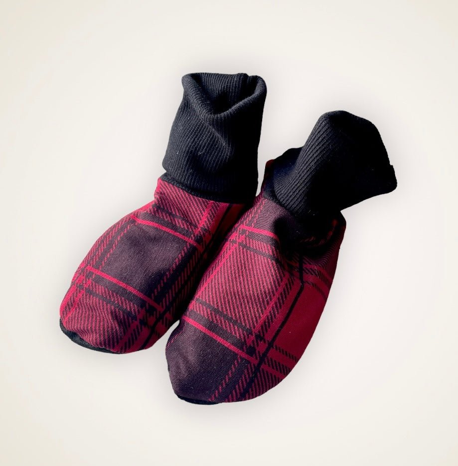 Burgundy Plaid Slip On Booties - Child Sized with 7” Sole - Timber Stitches