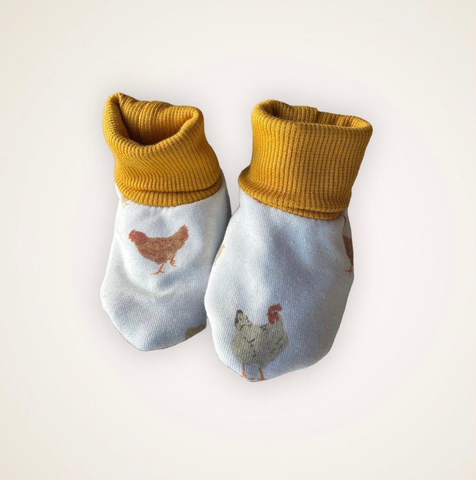 Chickens Slip On Booties - Baby Sized with 4” Sole - Timber Stitches