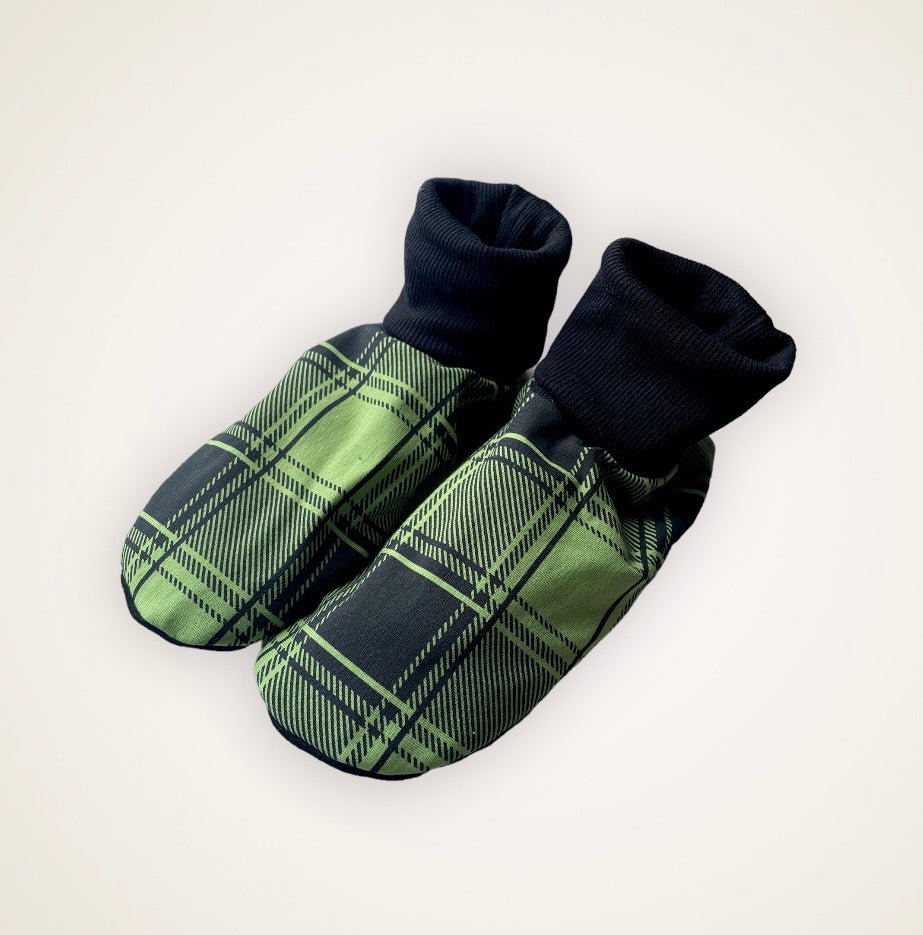 Green Plaid Slip On Booties - Adult Sized with 9” Sole - Timber Stitches