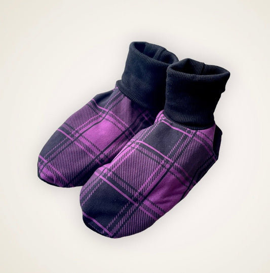 Purple Plaid Slip On Booties - Adult Sized with 9” Sole - Timber Stitches