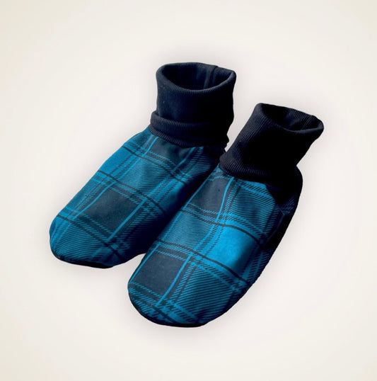 Teal Plaid Slip On Booties - Adult Sized with 10” Sole - Timber Stitches