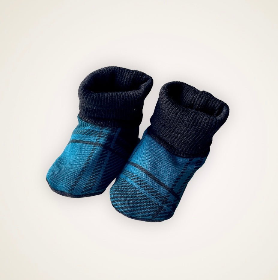 Teal Plaid Slip On Booties - Baby Sized with 4” Sole - Timber Stitches